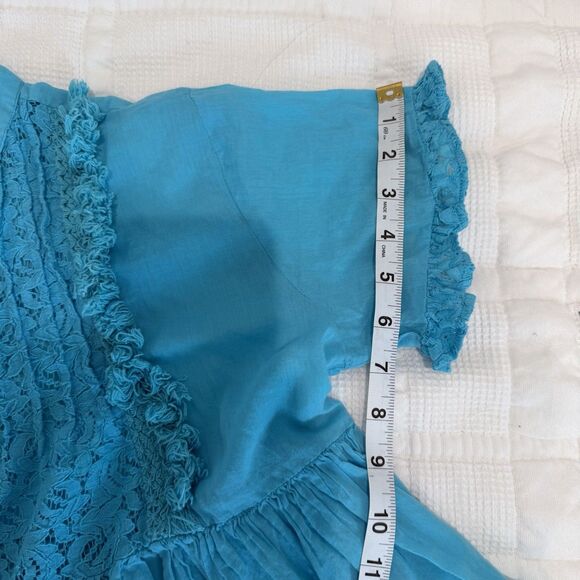Antica Sartoria By Giacomo Cinque Blouse Size 12 Blue Lace Pom Poms Ruffle Swing - Picture 14 of 14